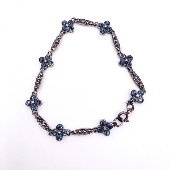 Vntg Sterling Silver With Blue Crystal and Marcasite Flowers Bracelet - Picture 2 of 5